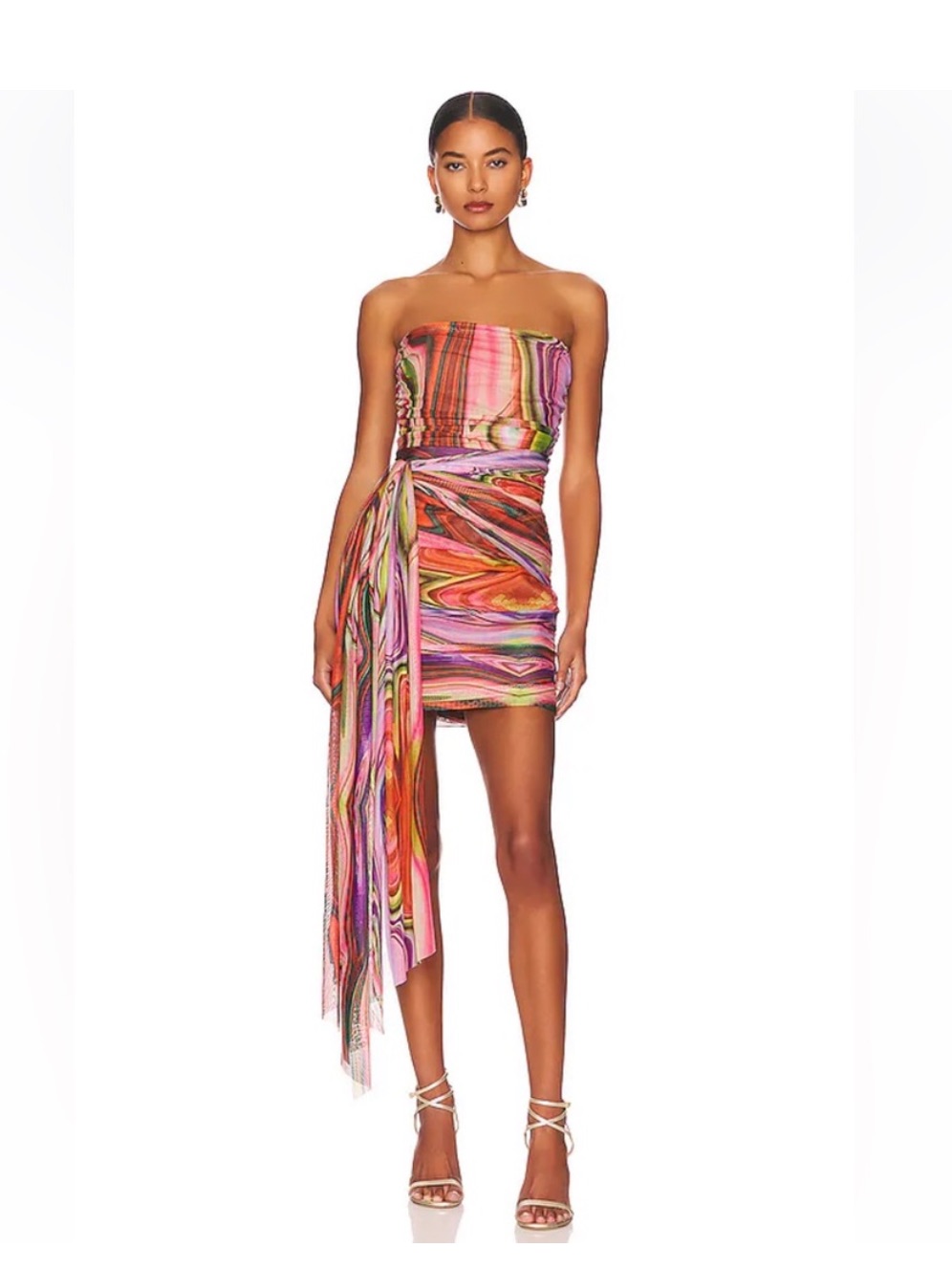 Elliatt Nala Mulicolored Striped Boned Mesh Ruched Mini Strapless Dress Size Xxs
